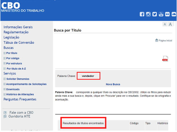 Acessando o site de busca CBO do Ministério do Trabalho