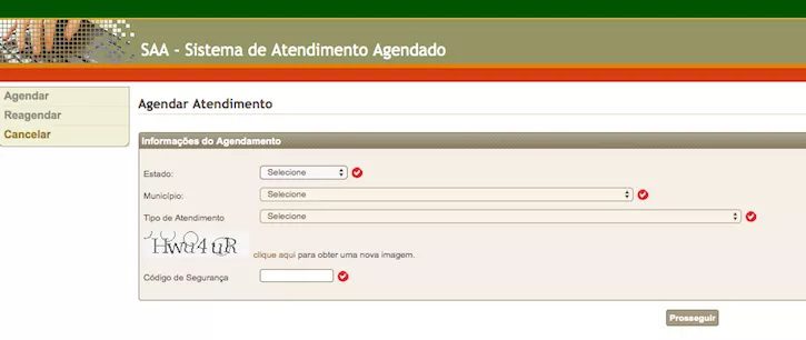 Captura de tela da tela inicial do sistema de atendimento agendado do Ministério do Trabalho de Brasília, mostrando as opções de agendamento, seleção de tipos de atendimento e escolha de data e hora.
