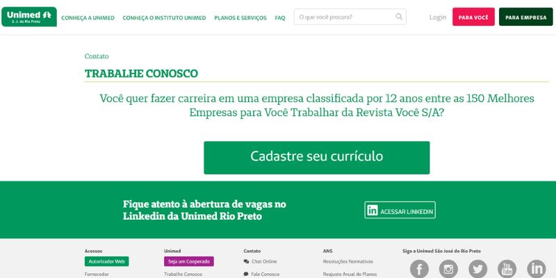 Imagem que representa a tela inicial do site Unimed Rio Preto trabalhe conosco.
